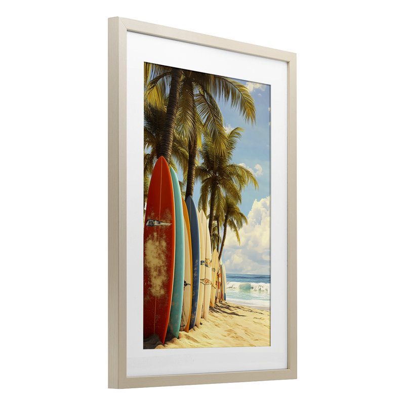 Planches de surf alignées avec palmiers, reproduction encadrée sous verre, design par LSR Design Studio, H 20 po x l 14 po