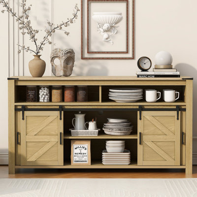 Sideboard with Sliding Barn Door and Mesh Panels,Farmhouse Buffet with Open Storage