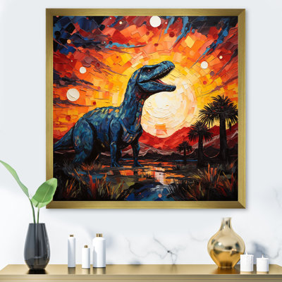 Coucher de soleil de dinosaure rouge et jaune II - art de mur de dinosaure