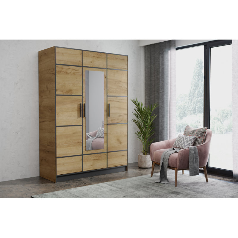 Melani 3 Door Solid + Manufactured Wood Wardrobe, Natural/Black
