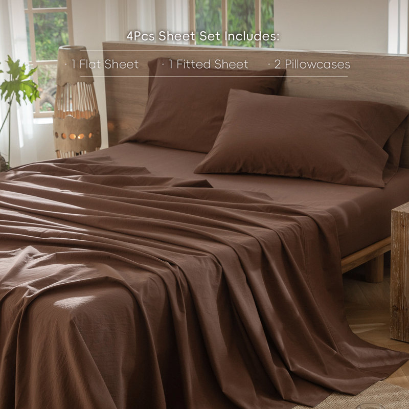 100% Washed Cotton Sheet Set Extra Deep Pocket Linen Like Textured, Cocoa Brown, King Sheet Set with 2 Pillowcases