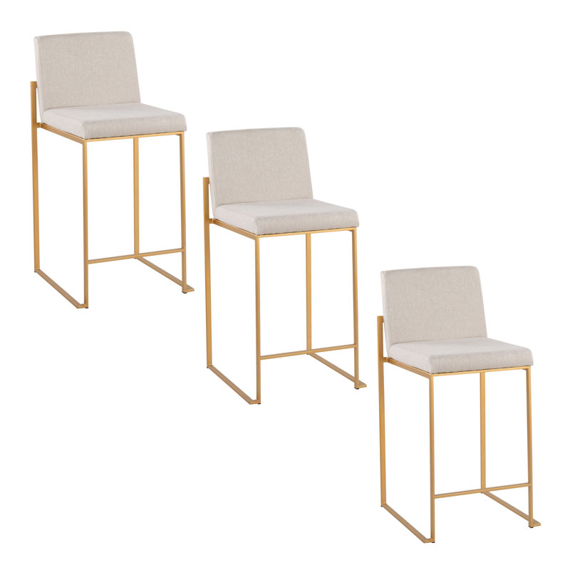 Tabouret de comptoir de 26 po à dossier haut contemporain en acier doré et tissu beige - ensemble de 3, Doré, Beige