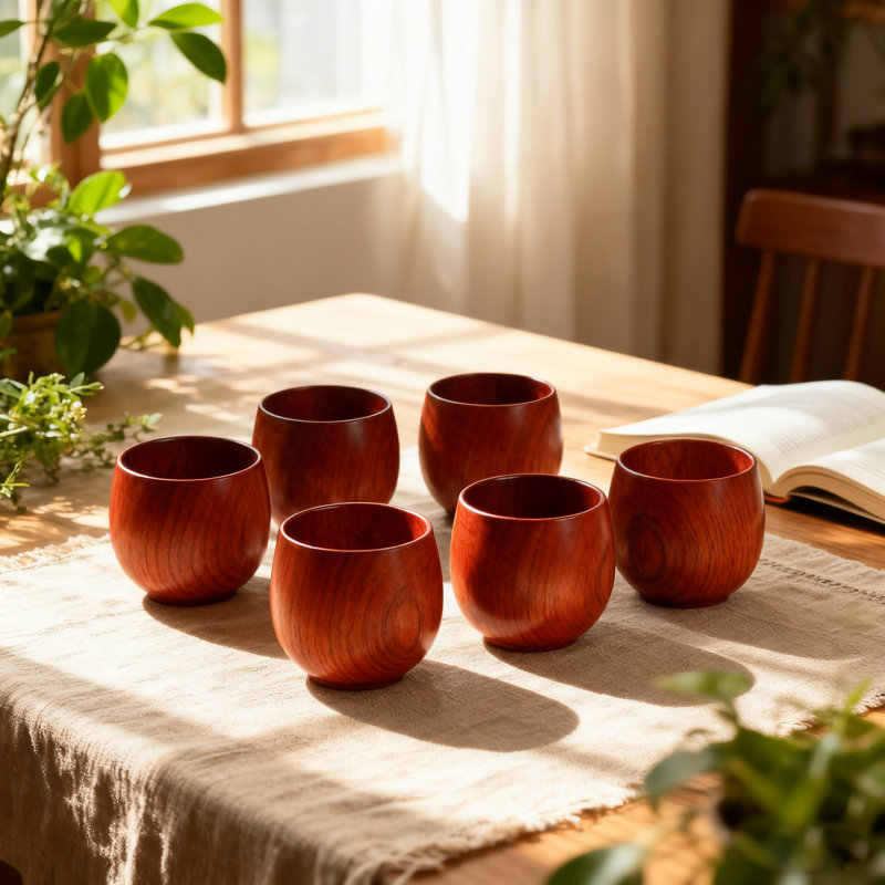 Ensemble de 6 tasses à thé en bois faites à la main pour boire de l'eau, du café, du vin, de la bière et des boissons chaudes de style japonais
