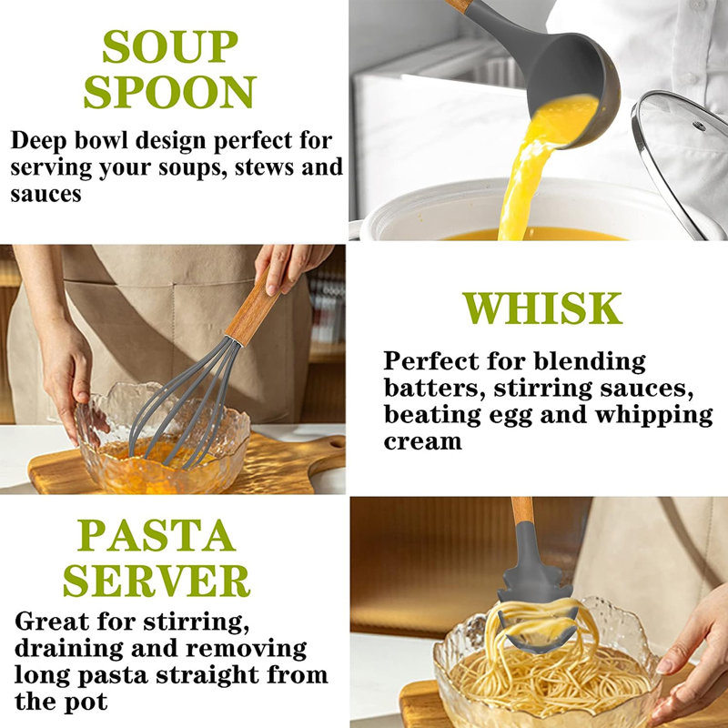 Ensemble 29 pièces d'ustensiles de cuisine en silicone, poignée en bois, antiadhésif, résistant à la chaleur, sans BPA