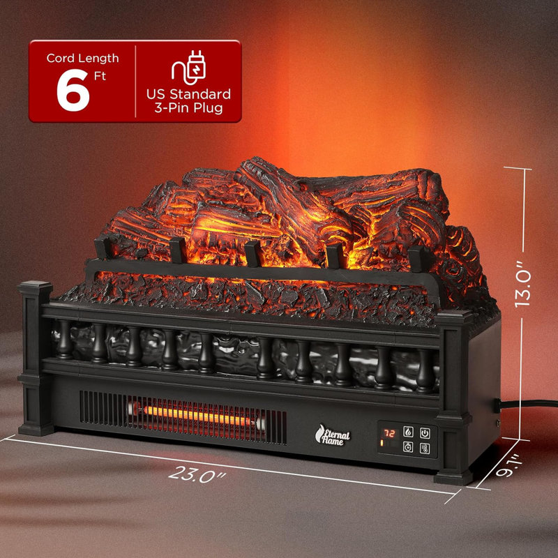 Coshkib Infrared Electric Fireplace Logs, 23" Remote Control, Realistic Pinewood Ember Bed, Thermostat, Timer, 1500W, Black
