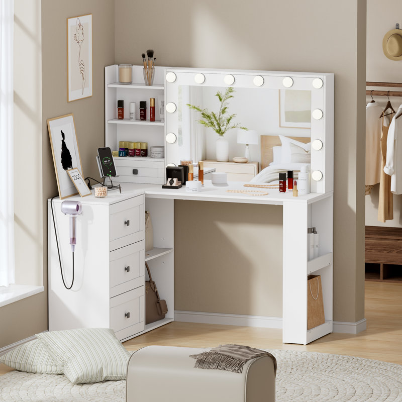 Coiffeuse Jeshaun avec miroir et lumières, table de maquillage avec éclairage 3 couleurs
