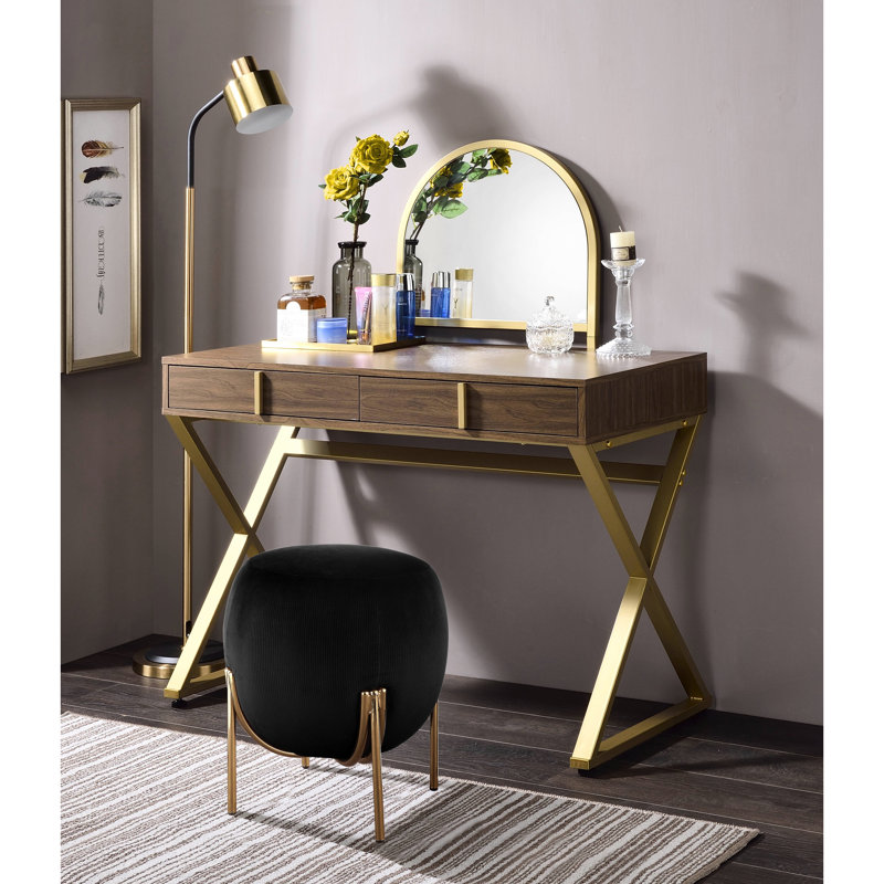 Rectangular Vanity Desk With Mirror, 2 Storage Drawers, Jewelry Tray, Metal Frame, Walnut & Gold Finish And Design Tray