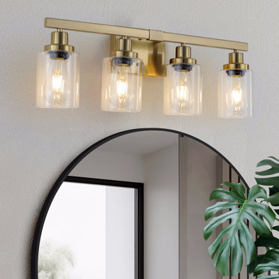 Luminaire de meuble-lavabo à configuration dorée 4 lumières 24 po avec abat-jour en verre transparent, applique en métal de style moderne pour salle de bain