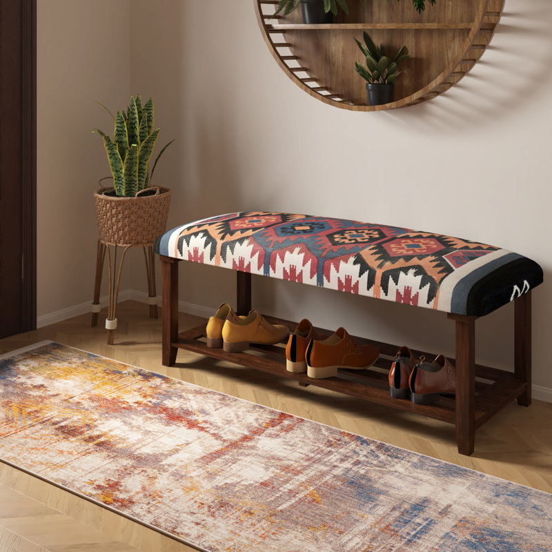 Handmade Multicolored Ikat Geometric Entryway Storage Bench