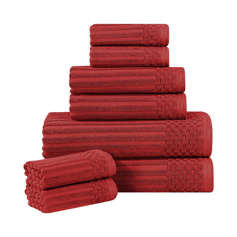 Soho Spa Highly Absorbent Cotton 8 Piece Assorted Size Checkered Border Towel Collection, Burgundy