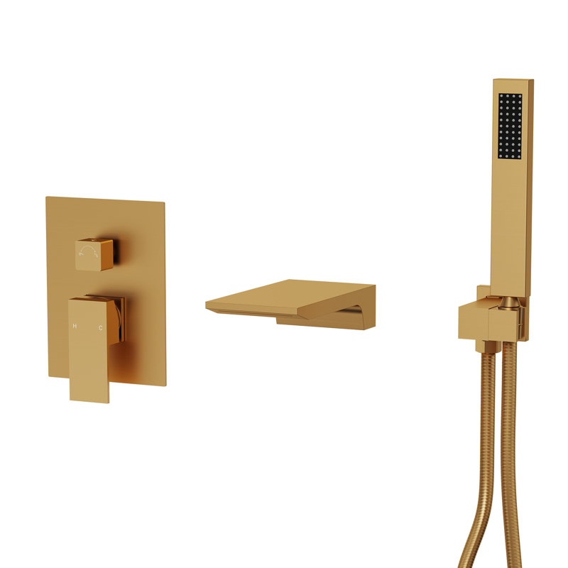 Wall Mount Waterfall Tub Faucet with Pressure Balance Valve and Hand Shower, Brushed Gold