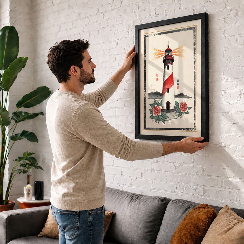 Lighthouse with Dragonfly Japandi - Framed Print, A1 - 84.1 x 59.4 cm, Oak