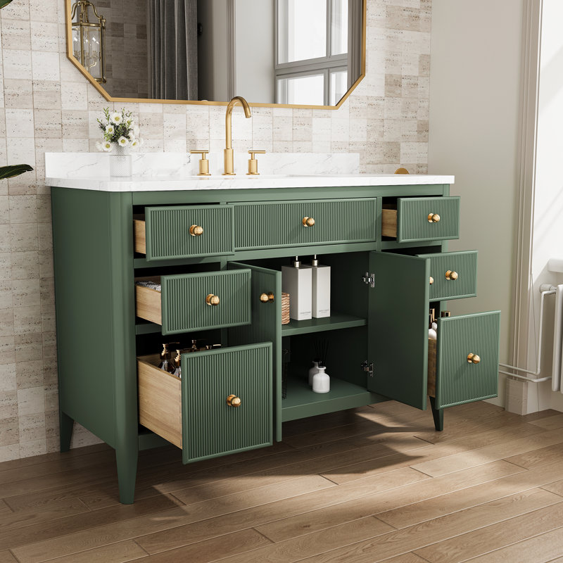 Fully Assembled 48'' Green Freestanding Single Sink Bathroom Jacoby With Solid Wood Construction And Engineered Marble Top