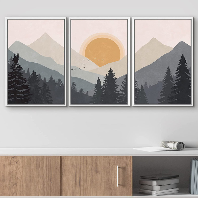 «Pastel Mountain Lake Reflection Abstract Nature», ensemble de 3 impressions, H 36 po x l 72 po, Toile avec cadre flottant
