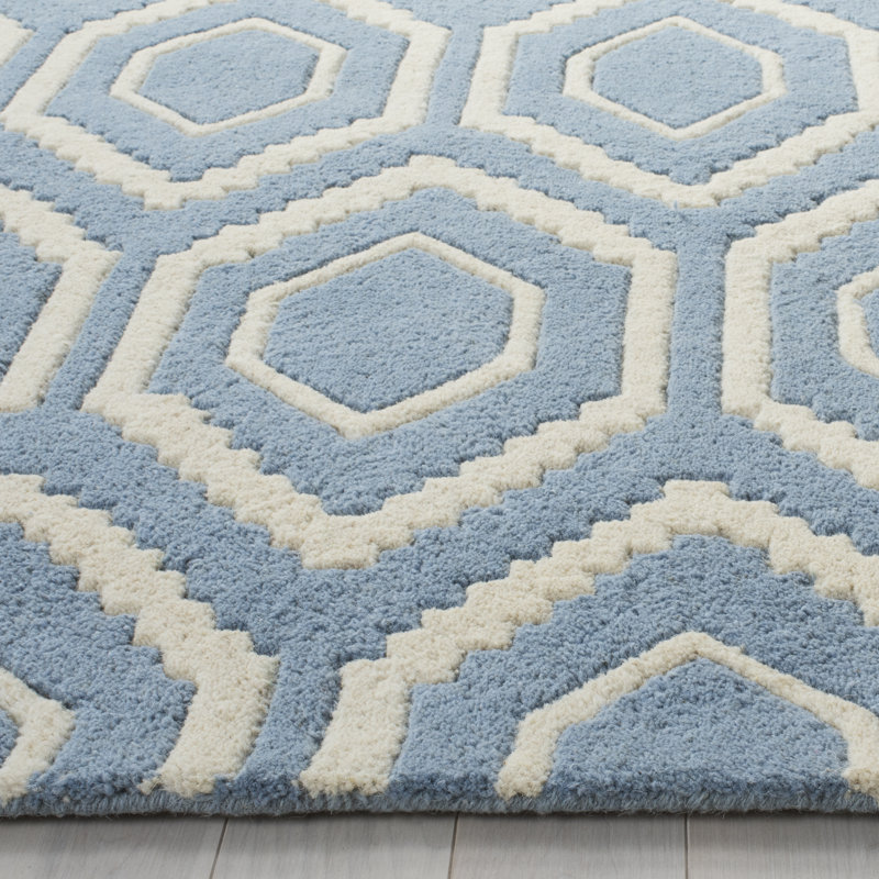Tapis bleu / ivoire en laine touffeté à la main Deedie, Rectangulaire 3 pi x 5 pi