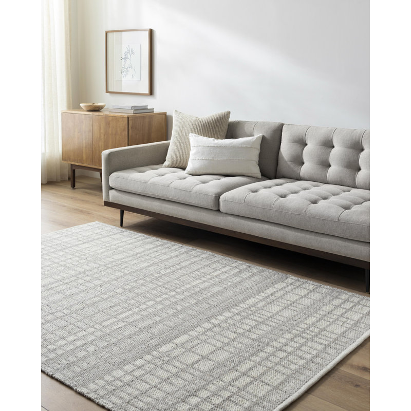 Lavande Plaid Wool Area Rug in Grey, Rectangle 8' x 10'