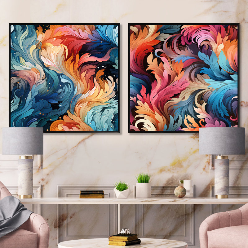Swind - Ensemble de 2 collages carrés floral et botanique, Cadre flottant noir, H 36 po x l 73 po