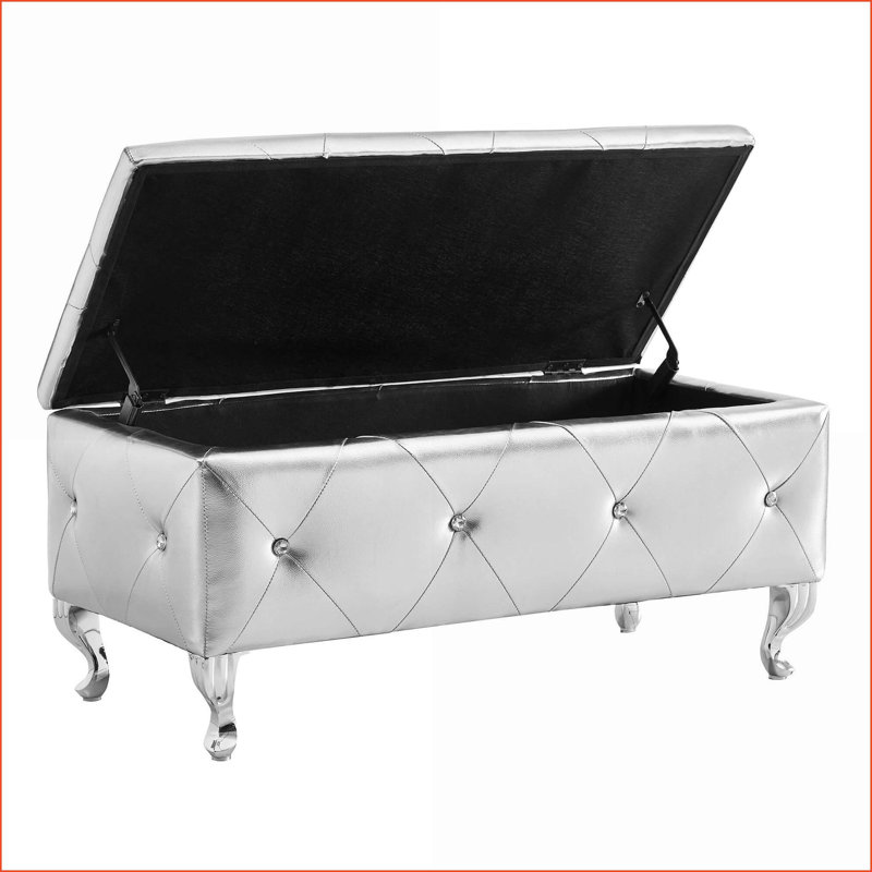 Banc de rangement repose-pieds avec similicuir, boutons en cristal pour la chambre à coucher, le salon, le vestibule | Argent mat | Pieds en métal