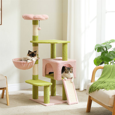 Arbre à chat Flower avec grand hamac en métal, tour de chat mignonne de 35 po avec poteaux à griffer en sisal pour petits chats d'intérieur, condo pour chat avec perchoir rose pour chatons