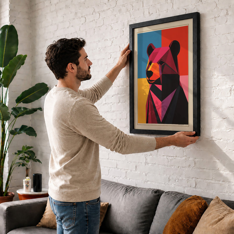 Cubist Bear Portrait Geometric - Framed Print, Oak, A4 - 29.7 x 21.0 cm