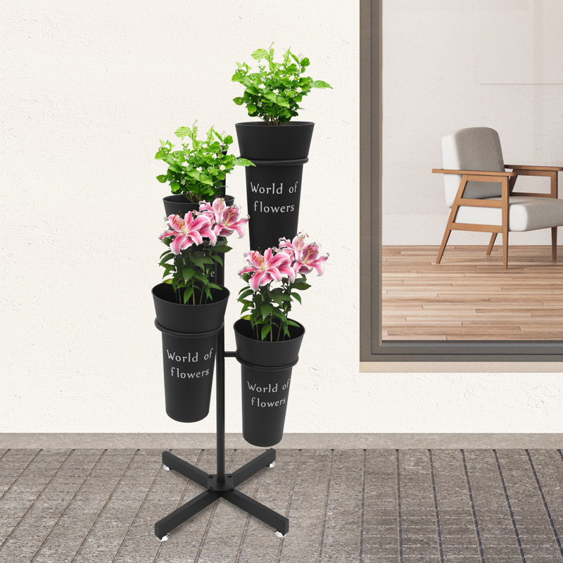 Présentoir à fleurs 44,8 x 14,5 po avec 4 seaux, Noir