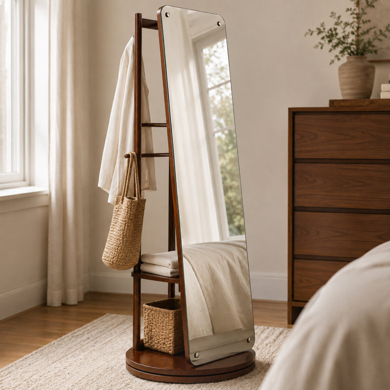 Miroir autoportant pivotant sur 360 degrés en bois d'hévéa noyer avec portemanteau pour chambre à coucher