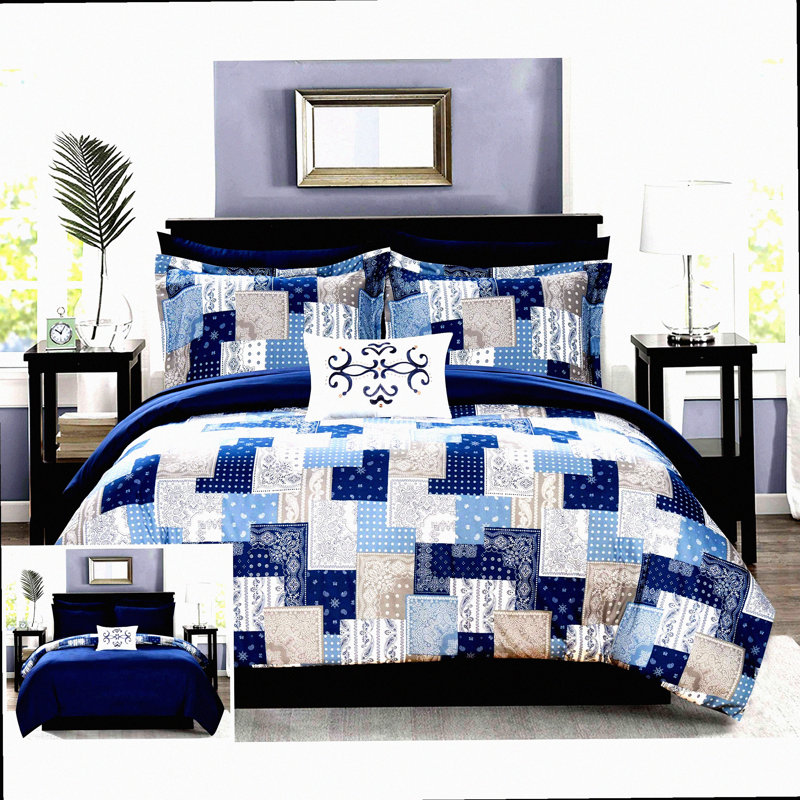 Bohemian Paisley Patchwork Comforter Set - 6 Piece Reversible Bed in a Bag with Sheet Set, Pillowcase, and Decorative Pillow Sham - Twin XL Size, Blue