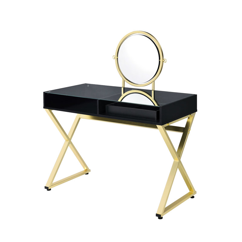 Rectangular Black & Gold Finish Vanity Desk With Mirror, Jewelry Tray, Metal Frame And 2 Storage Drawers, 42 Inches Wide Trait Aspect In Tint, Frame, Tray 50 High Parameter Value
