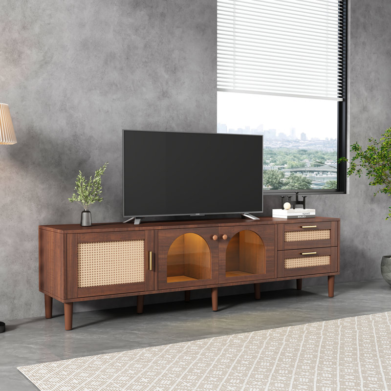  Meuble télé 70 po pour téléviseur de 80 po ou moins, console multimédia moderne avec lumières DEL et portes en verre contrôlées par une application, brun