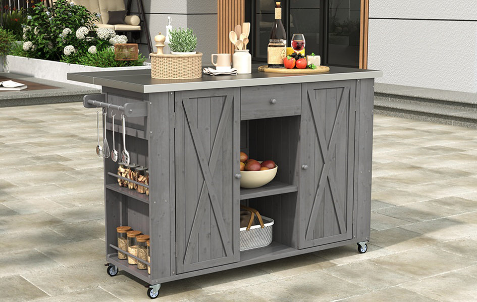 Outdoor Kitchen Island Fir Wood Kitchen Island with Stainless Steel Top, Ample Storage Space, Towel and Spice Racks, Bottle Opener, Natural