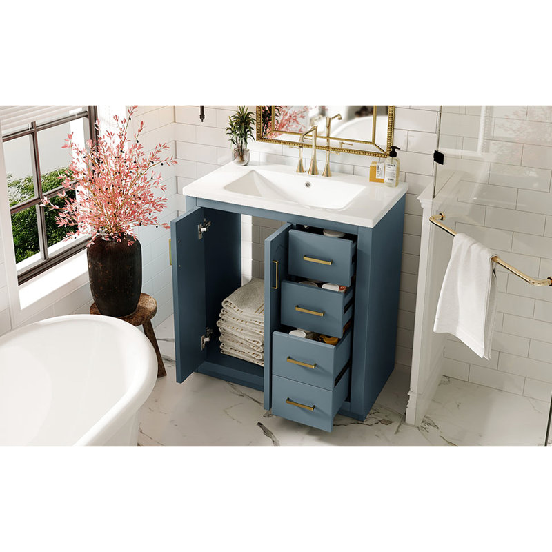 Meuble-lavabo de 30 po avec charnières en bois massif avec charnières, 3 tiroirs, motif rainuré unique, lavabo en céramique de couleur bleue, cadre, planches, grand espace de rangement, style rétro, poignée en métal exquise, tiroir lisse