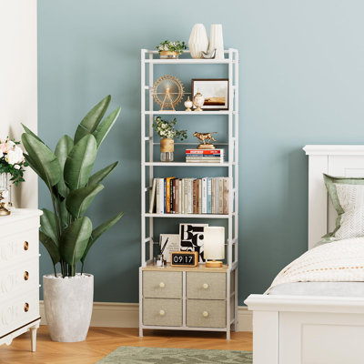 Modern Bookcase with Bookends and 4 Drawers Storage Organizer,