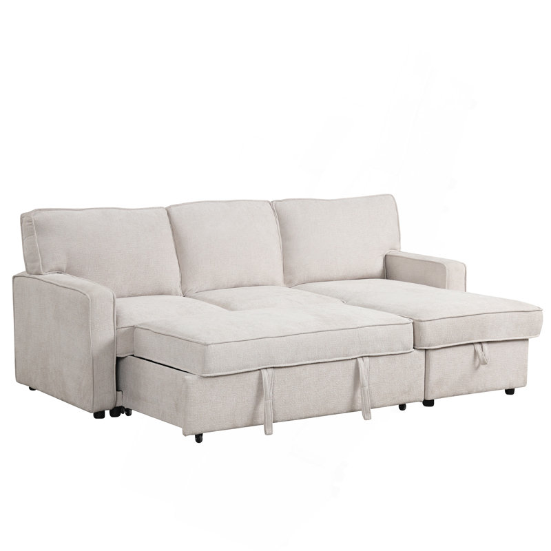 Upholstery Sleeper Sectional Sofa With Storage Space, USB Port, 2 Cup Holders On Back Cushions, Beige Polyester
