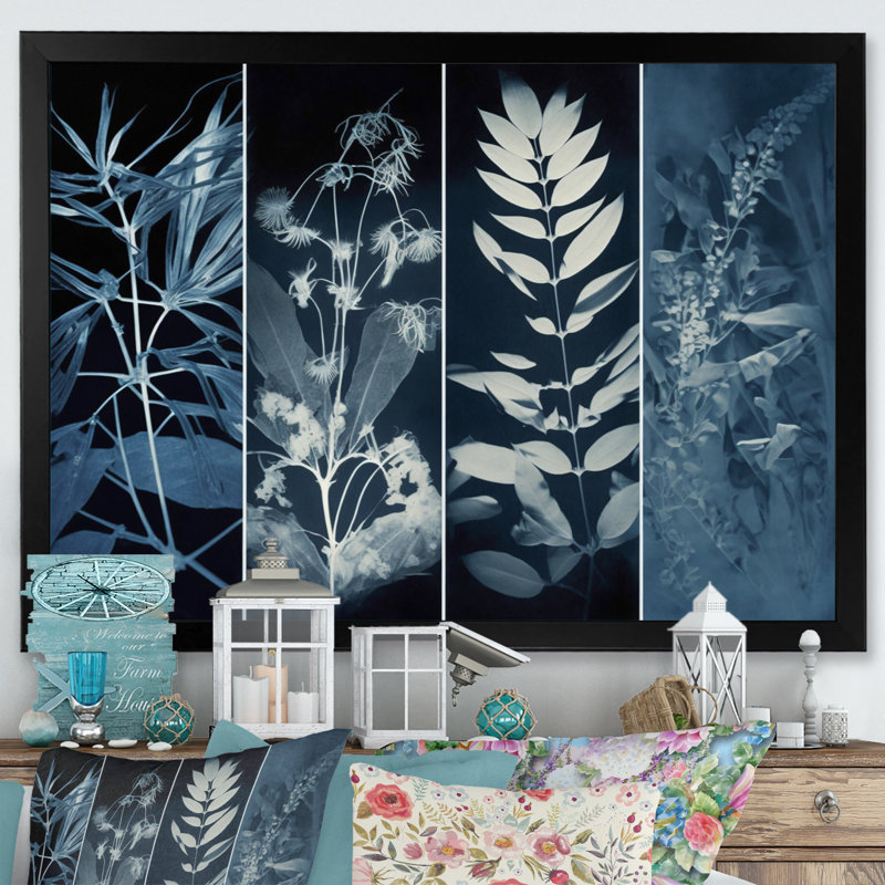 Fleurs sauvages rétro dans les tons de bleu V - reproduction sur toile, H 12 po x l 20 po x P 1 po, Cadre photo noir