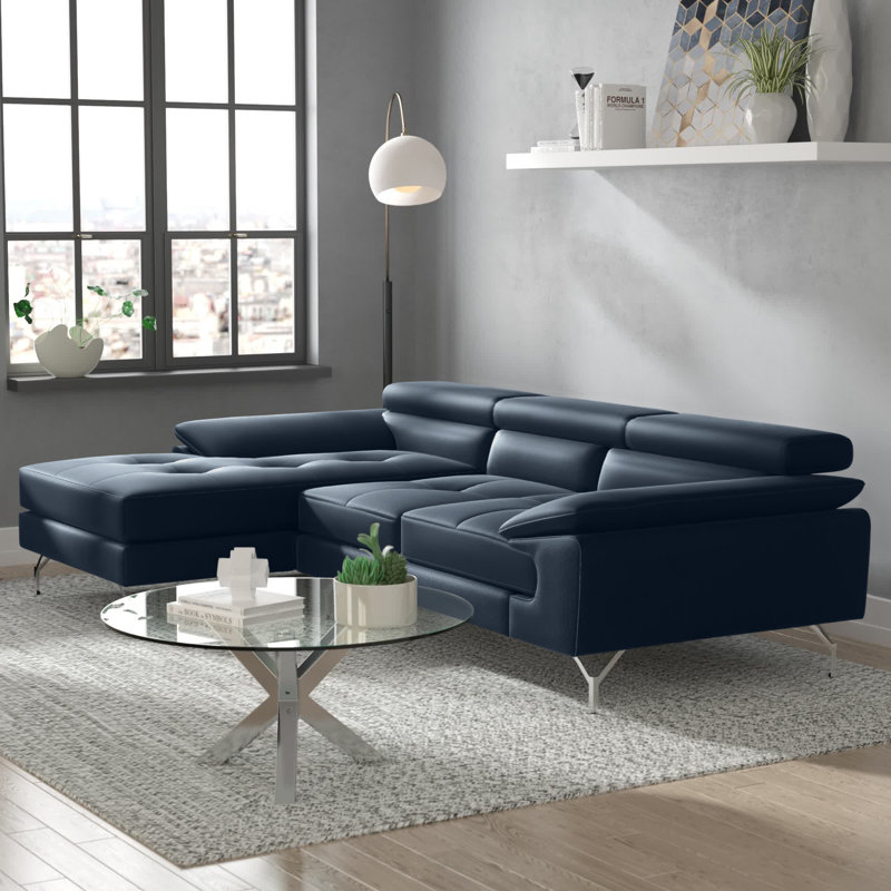 Grasmere Leather L-Shaped Sectional, Right Hand Facing, Blue Genuine Leather