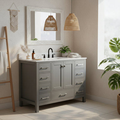 Meuble-lavabo sur pied 48 po, meuble-lavabo autoportant avec comptoir, armoire de rangement en bois massif gris