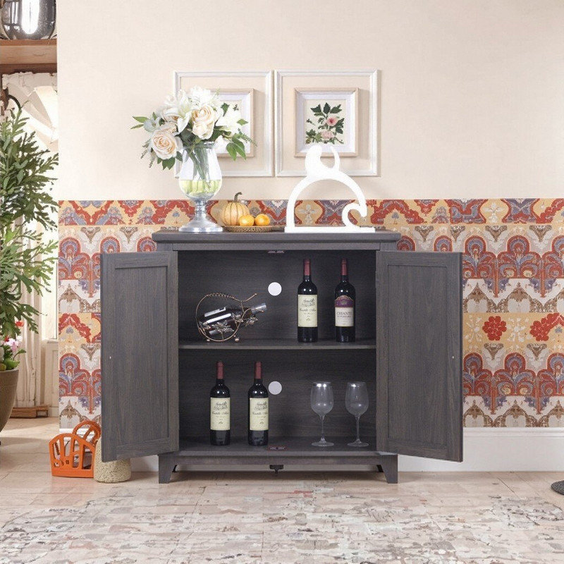 Buffet MONY avec portes en acrylique miroir, détails sculptés, étagères réglables, 87,2 cm de largeur., Marron foncé