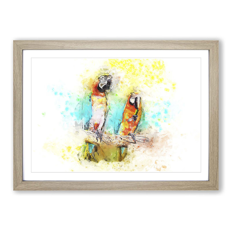 Two Macaw Parrots on a Branch in Abstract - Picture Frame Painting Print, Oak Framed, 27cm H x 36cm W x 2cm D