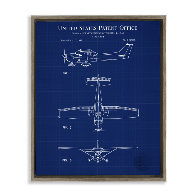 Art mural sur toile flottante encadrée brevet d'avions par Karl Hronek, Cadre flottant orme Montalcino, H 21 po x l 17 po