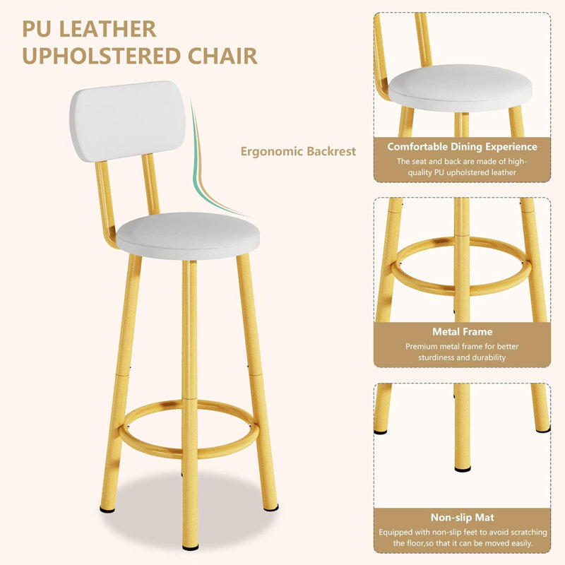 Enchantyd 5 Piece Kitchen & Dining Room Set with 4 Stools, Marble White, Gold