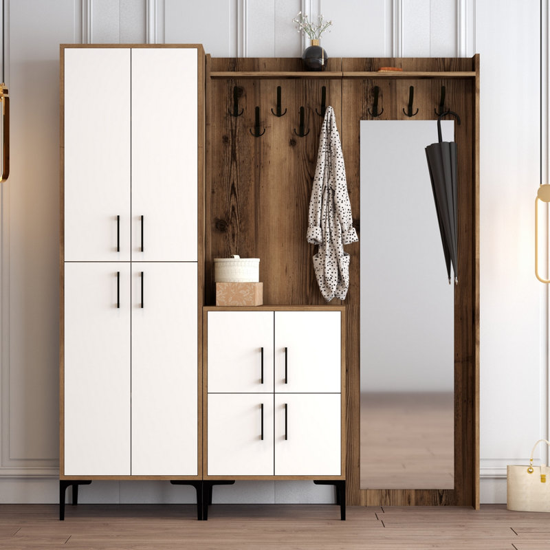 Modern Hall Stand with Coat Rack & Shelves, Walnut & White, 70.9 x 78.7 x 13.8 inches | 100% Melamine Coated Particle Board, Metal Legs & Handle | Wall-Mountable, Stylish Storage Solution for Home Entryway