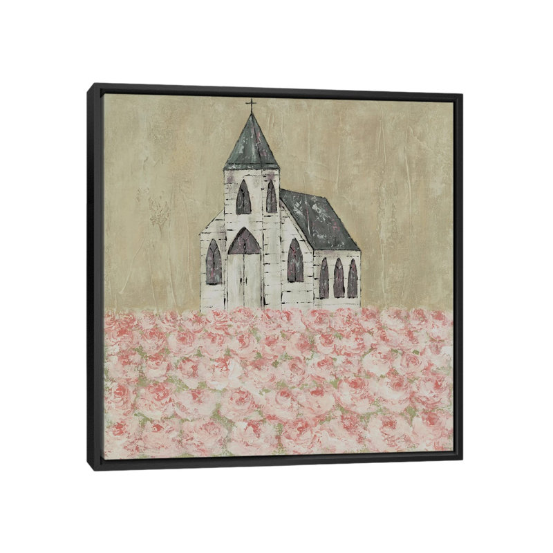 «Church Peony Field» par Ashley Bradley - reproduction imprimée, Toile avec cadre noir, H 12 po x l 12 po x P 1,5 po