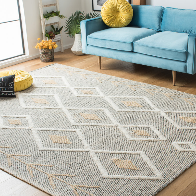 Vermont Hand Loomed Wool/Cotton Southwestern Rug in Ivory/Beige/Gray, Rectangle 8' x 10'