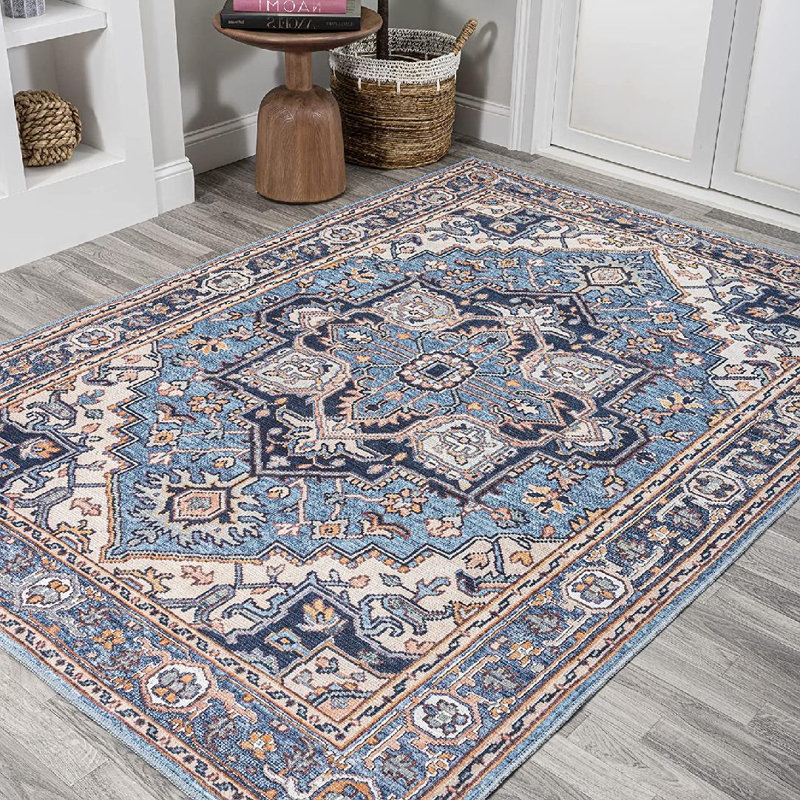 Huddleston Ornate Large Medallion Machine-Washable Blue/Beige Rug, Rectangle 5' x 8'