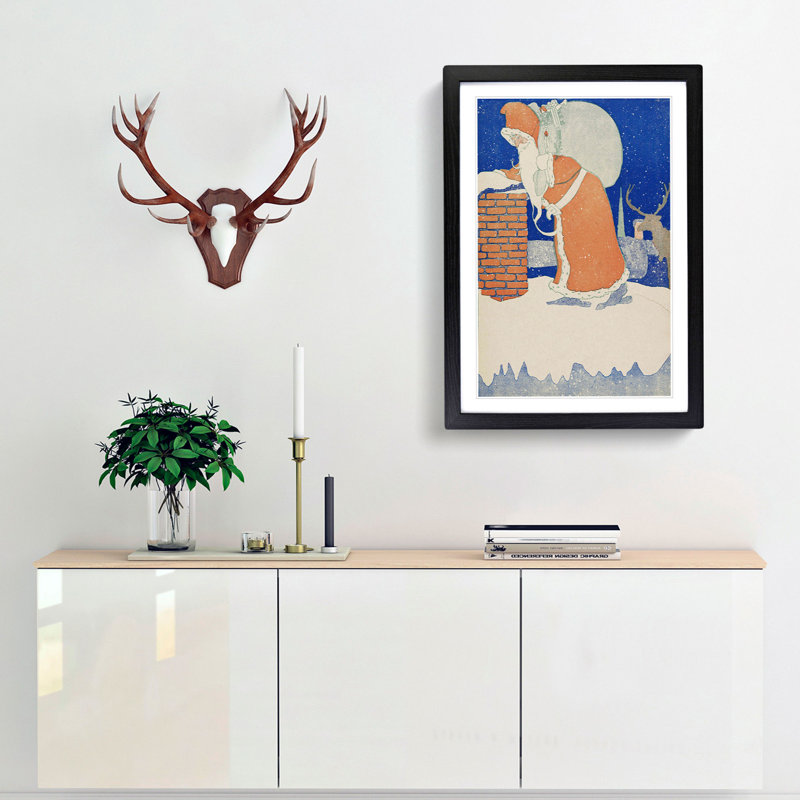 Father Christmas with Reindeer - Picture Frame Painting Print, Black, 60cm H x 40cm W x 2cm D