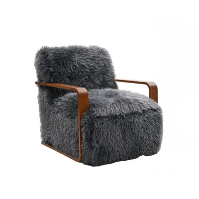 Lama Accent Chair with Wooden Arms, Retro Design, Charcoal Faux-Fur
