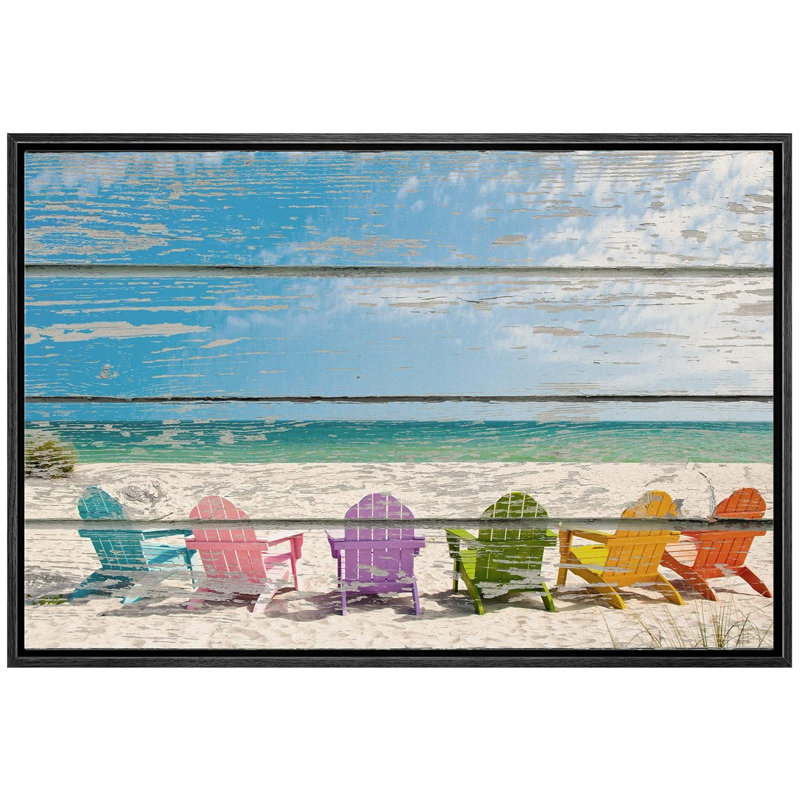 «Coastal Beach Colorful Beach Chairs on White Soft Sand», impression sur toile tendue, H 24 po x l 36 po, Cadre flottant noir