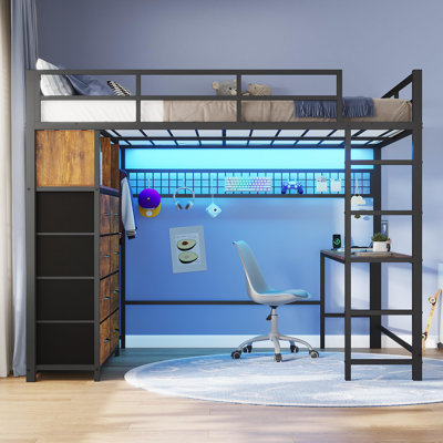 Lit mezzanine avec bureau et 8 tiroirs de rangement, lit mezzanine en métal avec lumières à DEL et station de charge, tablettes de rangement, barrière de sécurité et échelle de H 13,1 po, aucun sommier tapissier requis