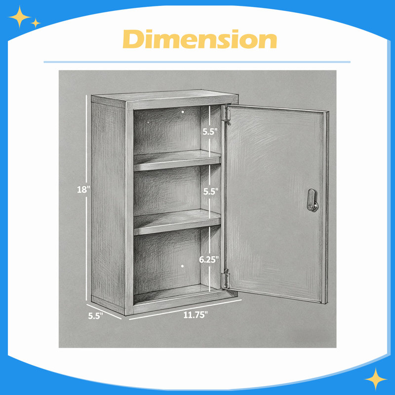 Armoire à pharmacie 12 po x 18 po verrouillable à 3 niveaux avec 2 clés et tablettes