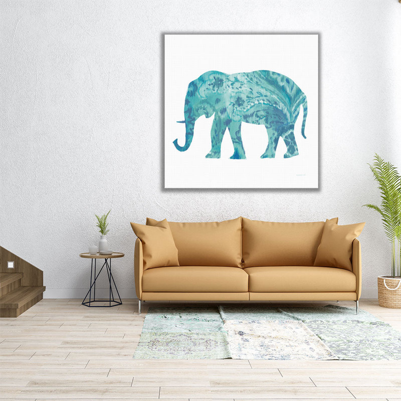 Boho Teal Elephant II - reproduction d'art sur toile, H 12 po x l 12 po